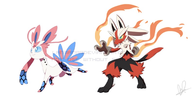 alternate_species ambiguous_gender anthro duo feral fusion pokemon_fusion simple_background white_background lanmana fakemon nintendo pokemon avian bird blaziken canid canine eeveelution generation_3_pokemon generation_4_pokemon generation_6_pokemon hybrid lucario mammal milotic pokemon_(species) sylveon 2014 2:1 watermark