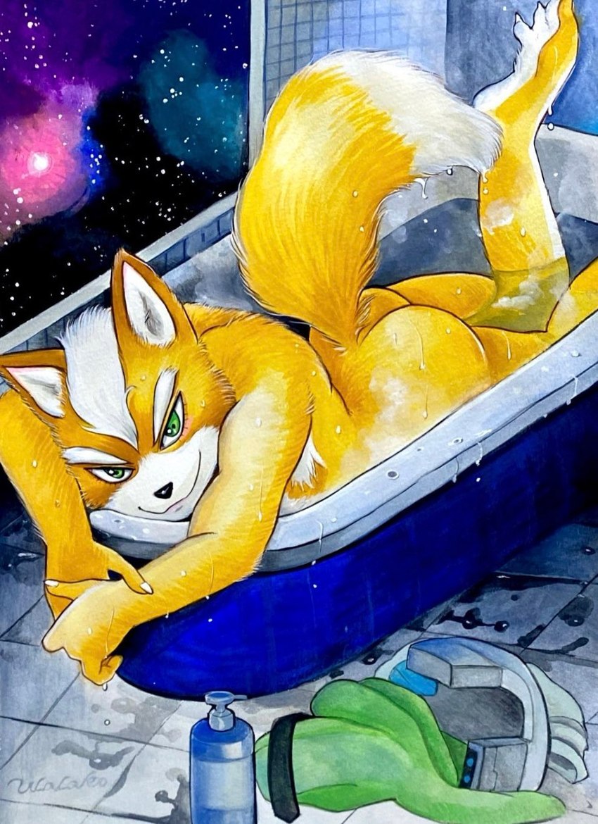 anthro bathing bathtub butt fur green_eyes looking_at_viewer male nude orange_body orange_fur smile solo space water wet wet_body ulala_ko nintendo star_fox fox_mccloud canid canine fox mammal hi_res