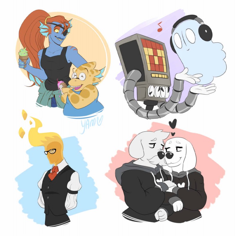 anthro clothing dessert duo electronics eye_patch eyewear facial_hair fire food glasses headphones heart_symbol ice_cream machine mustache necktie solo suit yamsgarden undertale undertale_(series) alphys dogamy dogaressa grillby mettaton napstablook undyne canid canine canis domestic_dog elemental_creature elemental_humanoid fire_creature fire_humanoid fish ghost humanoid lizard mammal marine reptile robot scalie spirit