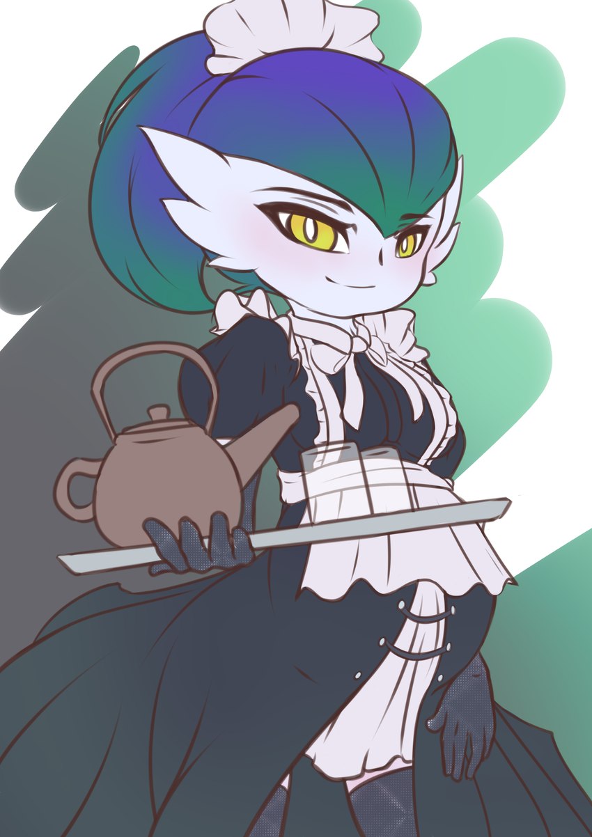 belly big_belly clothing dressed_up female hair maid_uniform ponytail pregnant pregnant_female pregnant_humanoid solo uniform yellow_eyes darlondemonic nintendo pokemon fan_character nox_(matthoniuss) gardevoir generation_3_pokemon humanoid pokemon_(species) absurd_res hi_res