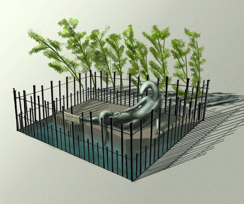 anthro bamboo concrete fence light lying lying_on_ground on_ground on_side peaceful plant pool sculpture shrine statue tail water dirtypaperjoe reptile scalie snake 2024 absurd_res digital_drawing_(artwork) digital_media_(artwork) hi_res