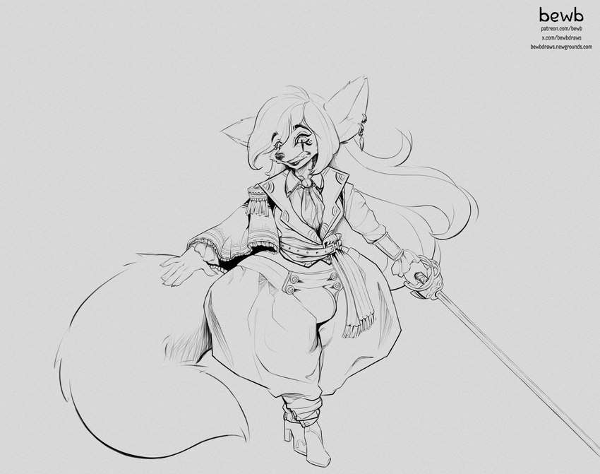 anthro bottom_heavy clothing femboy fluffy fluffy_tail hair long_hair male melee_weapon rapier sword tail text thick_thighs weapon bewbdraws blizzard_entertainment dungeons_and_dragons hasbro warcraft wizards_of_the_coast canid canine fennec_fox fox mammal true_fox absurd_res hi_res monochrome url