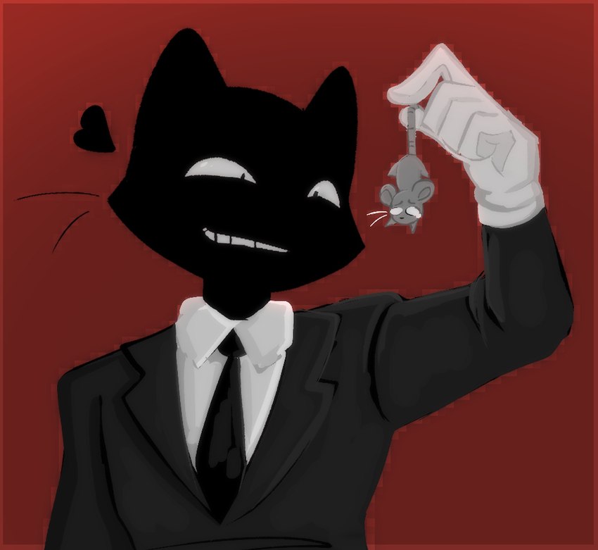 anthro black_necktie black_tie_(suit) clothing dangling duo feral gloves grin handwear heart_symbol male male/male necktie predator/prey pupils red_background scared simple_background size_difference slit_pupils smile standing suit white_clothing white_gloves white_handwear bunnycat bunnycatevil domestic_cat felid feline felis mammal mouse murid murine rodent hi_res