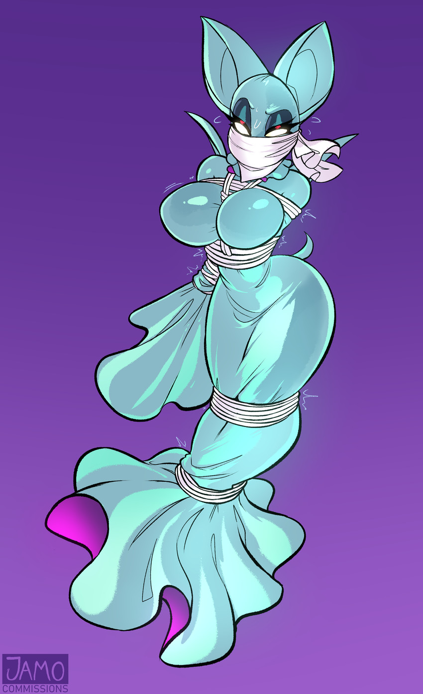 anthro bdsm big_breasts bodily_fluids bondage bound breasts clothing female gag ghost_costume gradient_background nipple_outline otn_gag restraints rope rope_bondage simple_background solo sweat tight_clothing wide_hips jamoart sega sonic_the_hedgehog_(series) rouge_the_bat bat mammal absurd_res hi_res