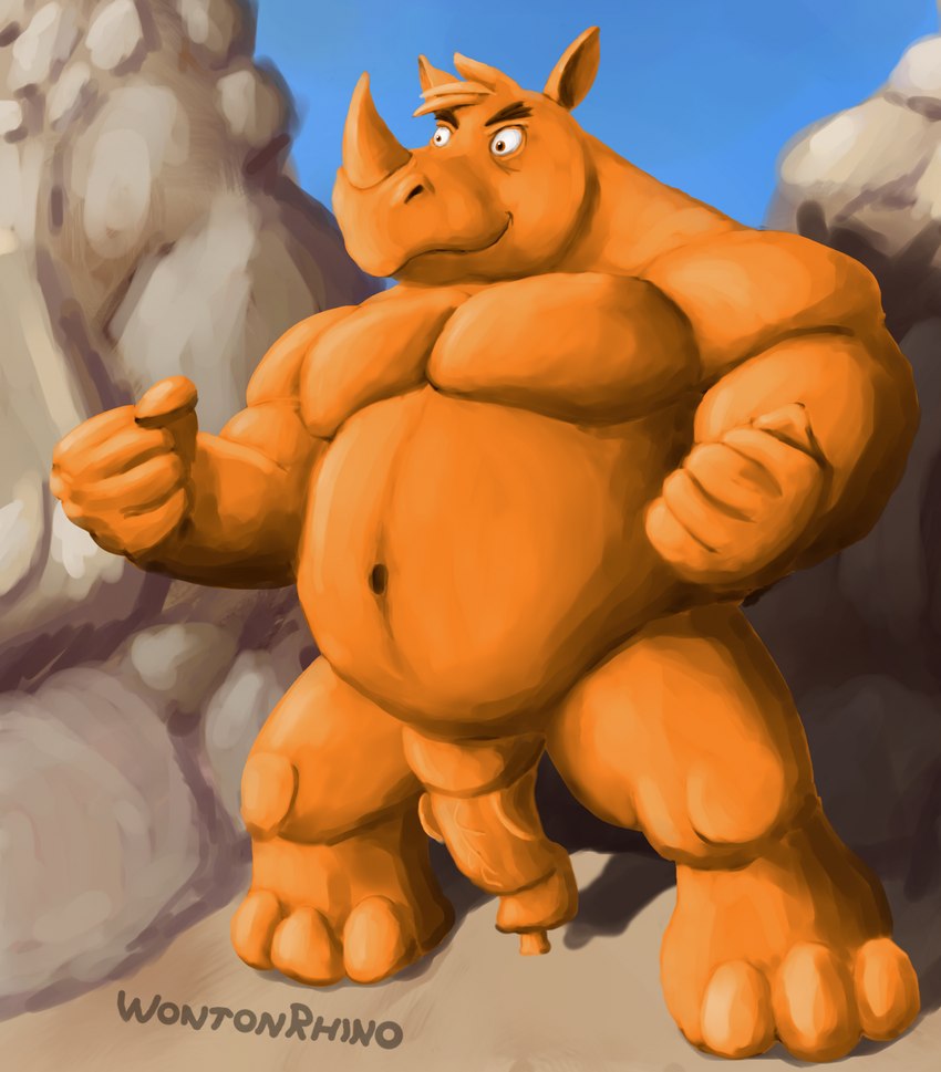 anatomically_correct anatomically_correct_genitalia anatomically_correct_penis animal_genitalia animal_penis anthro belly big_belly clay desert detailed_background fist flexing genitals horn male moobs musclegut muscular navel nude_male orange_body orange_penis overweight overweight_male penis rhino_penis rock sky slightly_chubby slime smile solo wontonrhino wonton_(wontonrhino) clay_creature goo_creature mammal rhinoceros hi_res