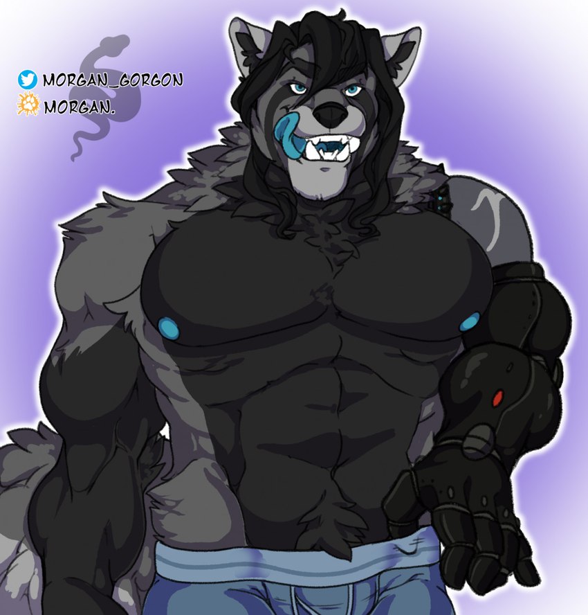 anthro areola bedroom_eyes black_body black_fur black_hair black_markings black_nose blue_areola blue_clothing blue_eyes blue_underwear body_hair boxer_briefs bulge clothed clothing cybernetic_arm cybernetic_limb fangs fur grey_body grey_fur hair happy_trail inner_ear_fluff looking_at_viewer male markings multicolored_body muscular muscular_anthro muscular_male narrowed_eyes neck_tuft nipples open_mouth open_smile overly_muscular partially_clothed pecs prosthetic prosthetic_arm prosthetic_limb pubes seductive sharp_teeth smile solo standing teeth tongue tongue_out topless tuft underwear morgan_gorgon group17 hal_greaves ailurid mammal red_panda 2021 digital_media_(artwork) hi_res shaded