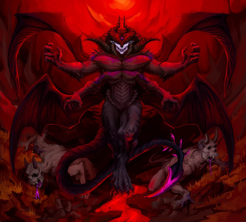 4_arms 4_pecs 4_wings 6_eyes anthro black_body blade bodily_fluids body_spikes bone colored_saliva crawling flying grin group hell horn hovering implied_transformation looking_at_viewer male multi_arm multi_eye multi_limb multi_pecs multi_wing muscular muscular_male pecs purple_eyes purple_saliva saliva scales sharp_teeth skull skull_head smile solo tail tail_blade teeth unusual_bodily_fluids unusual_saliva weapon_tail wings sovierdas corinoch demon demon_humanoid humanoid absurd_res hi_res