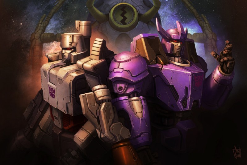 back_to_back decepticon decepticon_insignia duo machine male not_furry red_eyes simple_background space standing star geeshin hasbro takara_tomy transformers galvatron megatron unicron_(transformer) humanoid robot unicronian 2014 digital_media_(artwork)