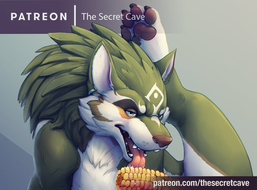 4_toes advertisement bodily_fluids claws corn ear_piercing feet feral food food_censorship licking male pawpads paws piercing plant saliva solo teeth text toe_claws toes tongue tongue_out thesecretcave nintendo patreon the_legend_of_zelda link_(wolf_form) canid canine canis mammal wolf 2020 censored english_text signature url