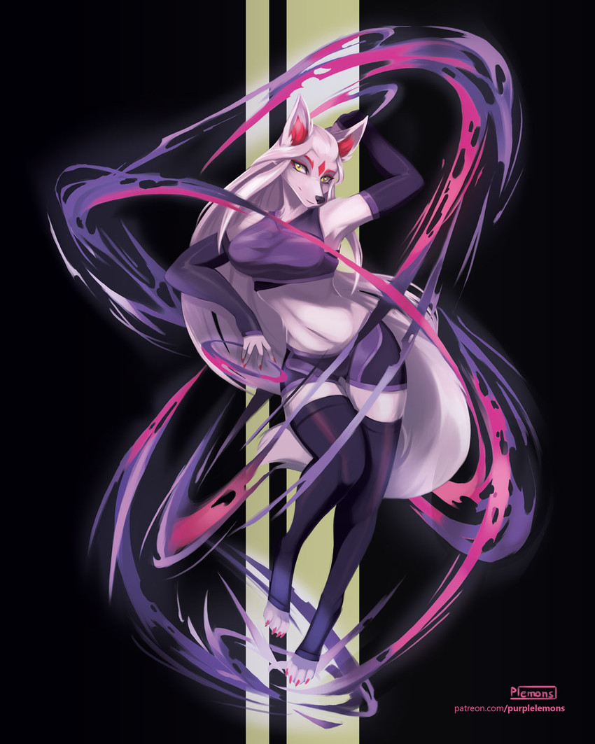 abstract_background anthro armwear black_nose breasts clothed clothing elbow_gloves female gloves hair handwear legwear long_hair looking_at_viewer magic markings mouth_closed solo stockings thigh_highs toeless_legwear white_body yellow_eyes purplelemons satomi_(purplelemons) canid canine canis mammal wolf 2020 4:5 digital_media_(artwork) hi_res shaded