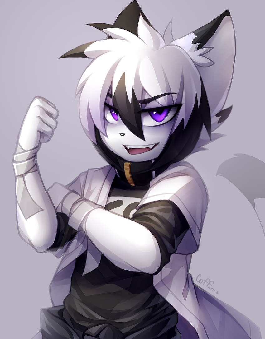 anthro clothed clothing dipstick_ears dipstick_tail ear_markings eyebrows fingers hair male markings multicolored_ears open_mouth open_smile purple_eyes smile solo tail tail_markings white_hair coff ereki_kagami domestic_cat felid feline felis mammal 2017 digital_drawing_(artwork) digital_media_(artwork) hi_res