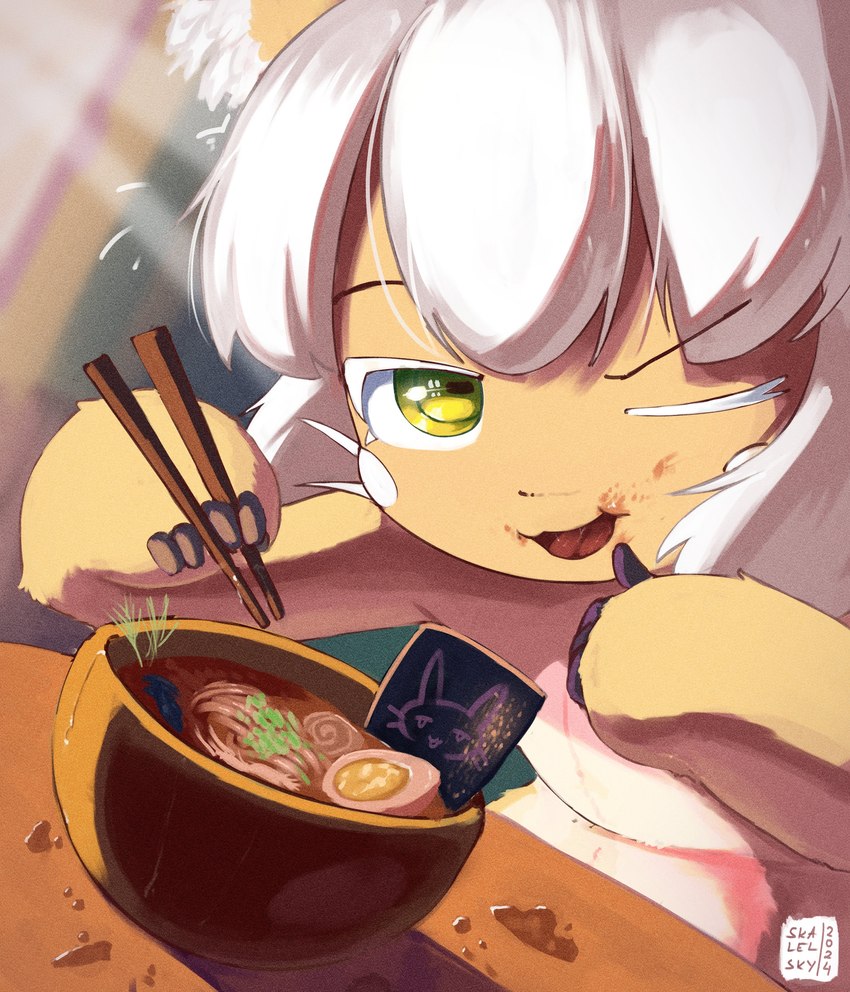 ambiguous_gender anthro bare_chest casual_nudity chopsticks food food_on_mouth fur gesture hair hand_gesture looking_at_viewer natural_light noodles one_eye_closed ramen smile solo tan_body tan_fur thumbs_up white_hair wink winking_at_viewer yellow_eyes skalelsky made_in_abyss nanachi narehate absurd_res digital_media_(artwork) hi_res