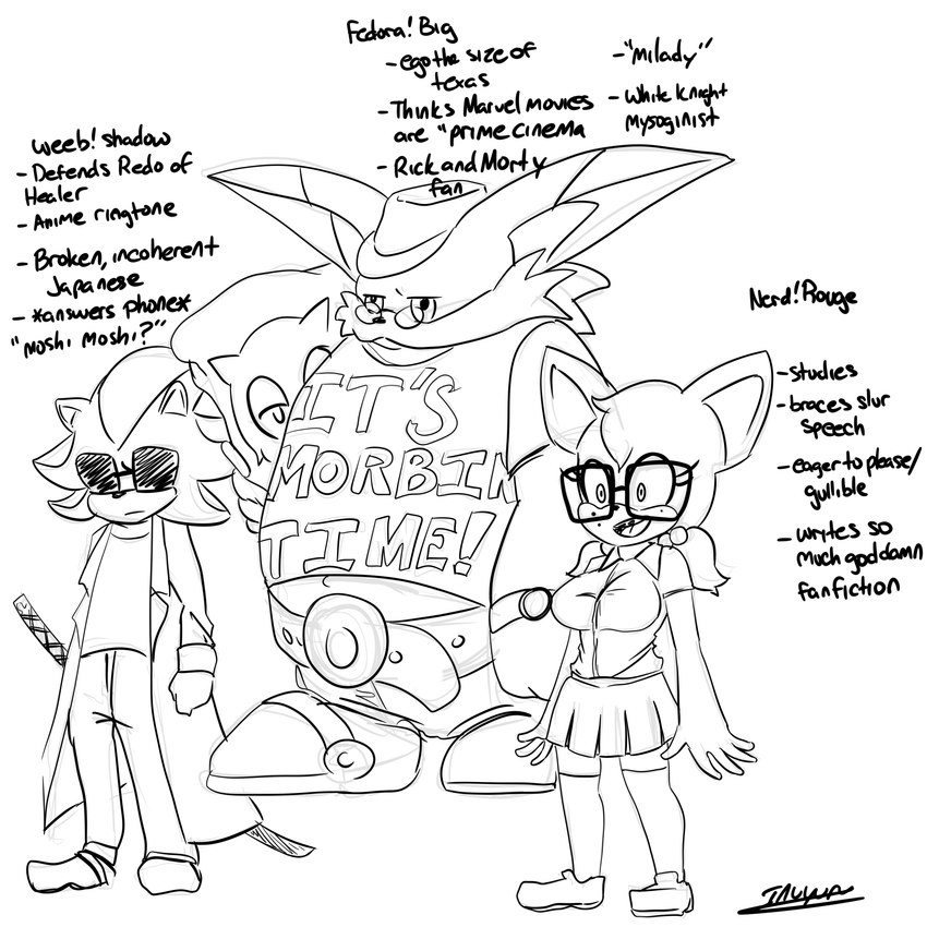 anthro big_breasts body_pillow breasts eyewear female glasses group katana male melee_weapon nerd pillow sunglasses sword text trio weapon inuyuru sega sonic_the_hedgehog_(series) big_the_cat rouge_the_bat shadow_the_hedgehog bat domestic_cat eulipotyphlan felid feline felis hedgehog mammal 1:1 absurd_res english_text hi_res monochrome sketch