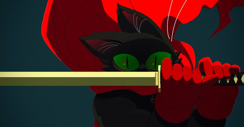 anthro black_body black_fur clothing fur gloves green_eyes handwear male melee_weapon solo sword weapon vetiver_n cartoon_network mao_mao:_heroes_of_pure_heart sheriff_mao_mao_mao domestic_cat felid feline felis mammal 2020 hi_res