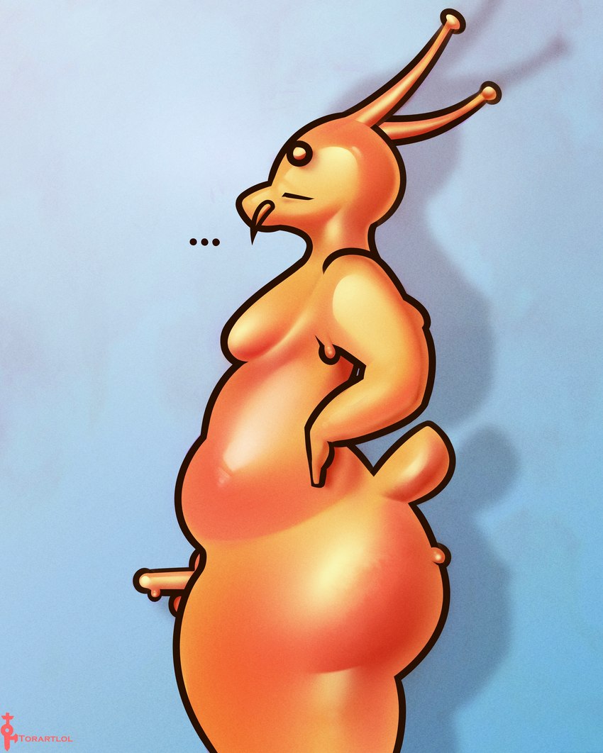 antennae_(anatomy) anthro belly big_butt butt cleft_tail curvy_anthro curvy_figure curvy_male erection genitals glistening glistening_body hands_on_sides male moobs oozing orange_body penis pose presenting presenting_penis slime solo tail thick_thighs voluptuous wide_hips torartlol blob_creature gastropod goo_creature hybrid lagomorph leporid mammal mollusk rabbit slug absurd_res hi_res