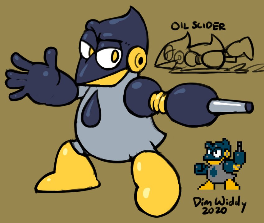 anthro black_body drop feet grey_body machine male oil solo yellow_feet dimwiddy capcom mega_man_(series) oilman avian bird humanoid penguin robot_master concept_art digital_media_(artwork) pixel_(artwork)