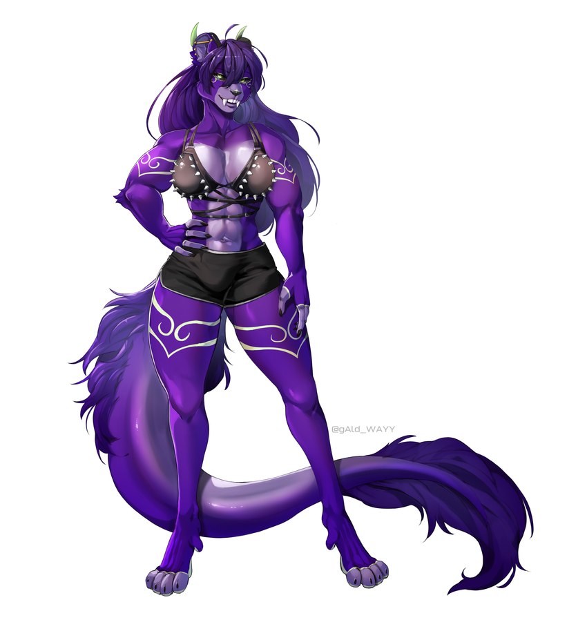 abs anthro bottomwear bra clothing female fur horn hotpants lime_eyes muscular muscular_anthro muscular_female purple_body purple_fur shorts solo spiked_bra spikes underwear galdway iris_grim canid canine canis felid lycafel mammal prehistoric_species saber-toothed_tiger wolf absurd_res hi_res