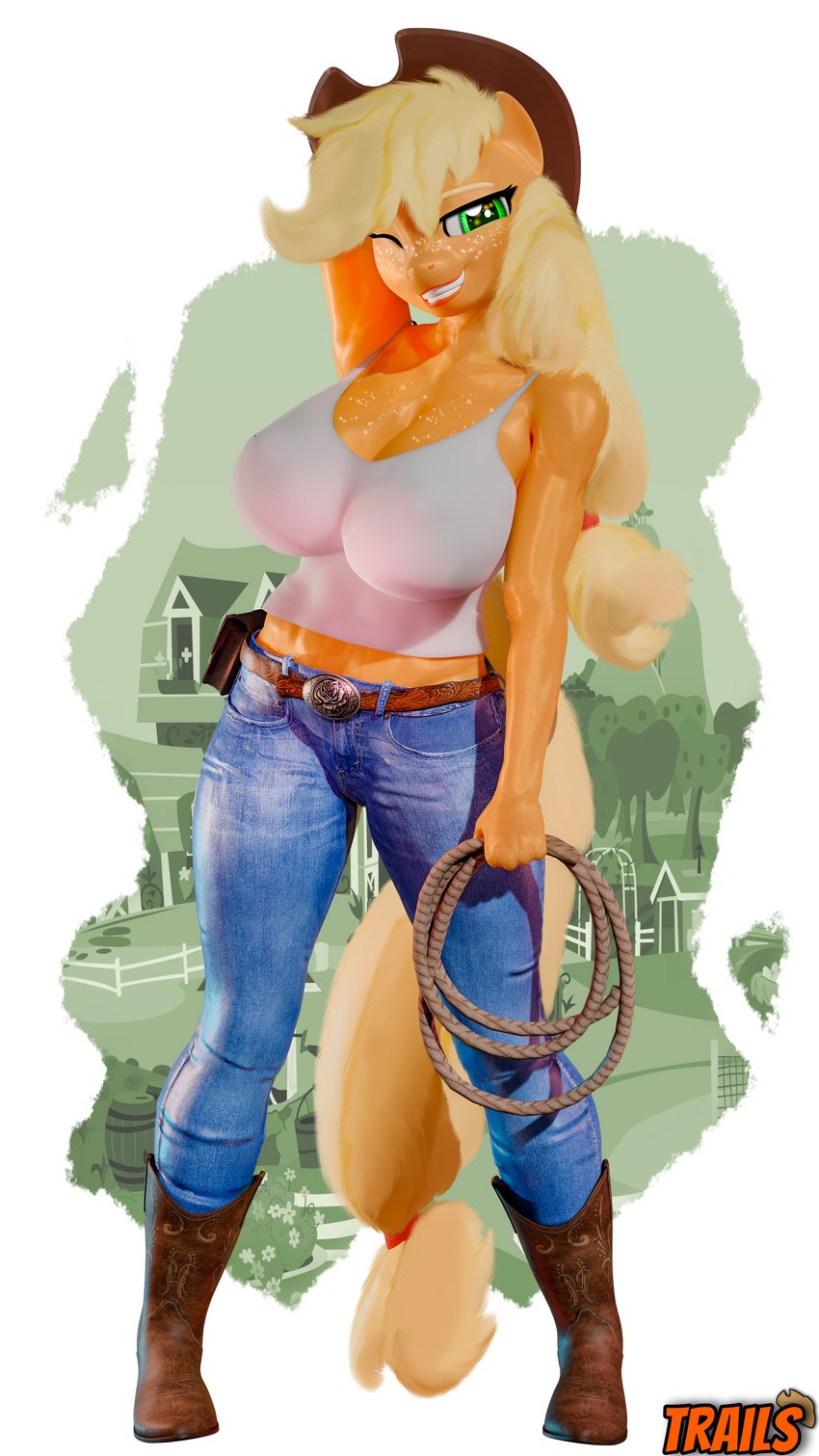 anthro belt belt_buckle belt_pouch big_breasts boots bottomwear breasts buckle cleavage clothed clothing cowboy_boots cowboy_hat denim denim_bottomwear denim_clothing female footwear freckled_breasts freckles hands_behind_head hat headgear headwear jeans muscular muscular_female one_eye_closed pants rope shirt shoes simple_background smile smiling_at_viewer solo spread_legs spreading tank_top topwear wink trailssfm friendship_is_magic hasbro my_little_pony applejack_(mlp) equid equine mammal 3d_(artwork) 4k 9:16 absurd_res blender_(artwork) digital_media_(artwork) hi_res