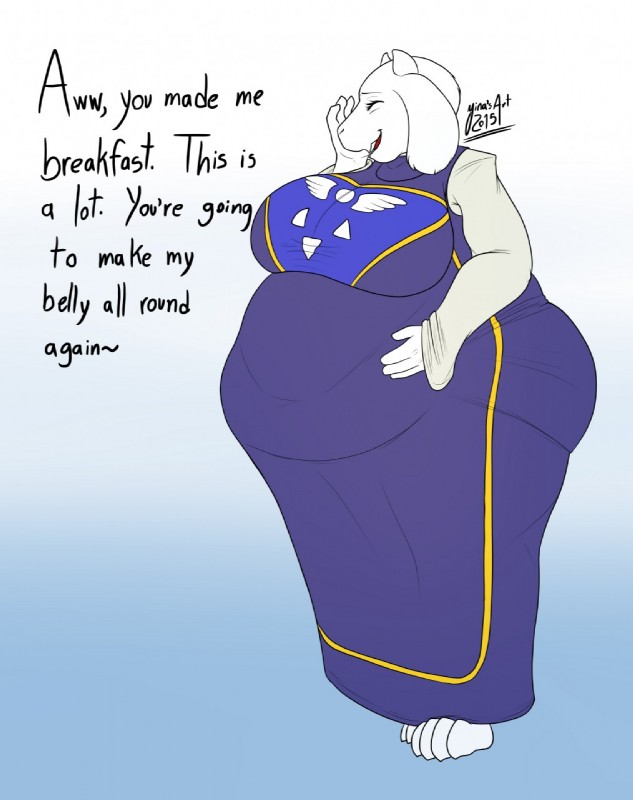 anthro barefoot big_breasts big_butt biped breasts butt feet female huge_breasts huge_butt looking_at_viewer offscreen_character overweight overweight_anthro overweight_female simple_background solo text weight_gain yina undertale undertale_(series) toriel boss_monster_(undertale) bovid caprine mammal english_text hi_res