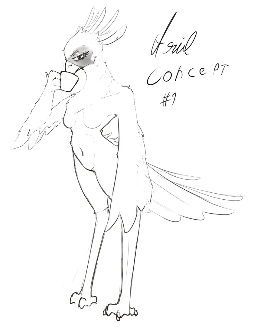 annoyed anthro coffee_cup container cup female looking_at_viewer sipping solo envyblacksun ariel_(envyblacksun) accipitriform avian bird secretary_bird absurd_res hi_res