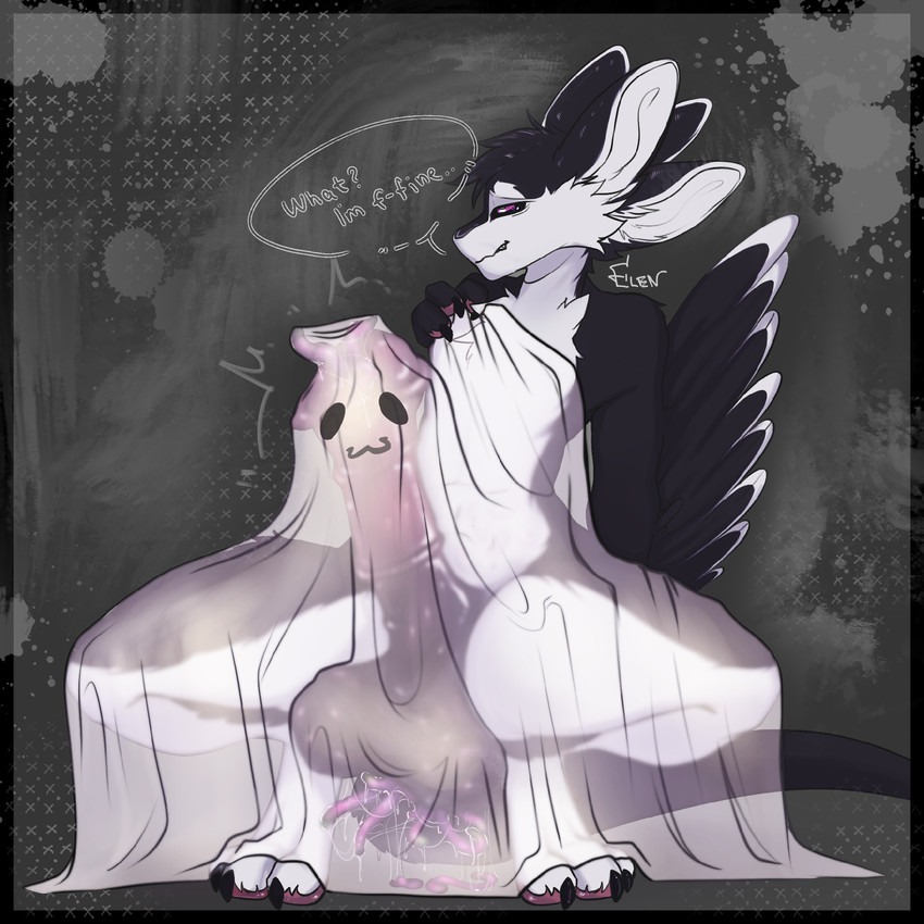 3_fingers 3_toes 4_ears :3 abdominal_bulge abstract_background ambiguous_penetration anal_fluids animal_genitalia animal_penis anthro balls bedding big_balls big_flare big_penis big_tail black_balls black_body black_feathers black_finger_claws black_fur black_penis black_sclera black_toe_claws blanket blanket_only bluffing bodily_fluids body_invasion chest_tuft claws countershading covering covering_crotch covering_self creature_inside crouching dialogue digitigrade ellipsis emanata equine_genitalia equine_penis erection erection_under_blanket eye_roll feathered_wings feathers feet fingers flared_penis fur genital_fluids genitals ghost_costume glistening glistening_balls glistening_genitalia glistening_penis gradient_penis hair huge_balls huge_penis hyper hyper_genitalia hyper_penis imprint ineffective_cover infestation inside_balls larva leaning leaning_backward male medial_ring mostly_nude multi_ear multicolored_body nude parasite pawpads penetration penis pink_pawpads pink_penis purple_eyes question_mark saggy_balls simple_background smiley_face solo speech_bubble spread_legs spreading swarm tail talking_to_viewer teeth tenting text toes translucent translucent_blanket tuft tufted_fur urethral urethral_penetration white_body white_feathers white_fur winged_arms wings elenmilk fyr_(fenrir784) arthropod avali avian bird insect maggot 1:1 2025 colored digital_drawing_(artwork) digital_media_(artwork) english_text hi_res pillarbox shaded signature simple_shading maleherm_(lore)