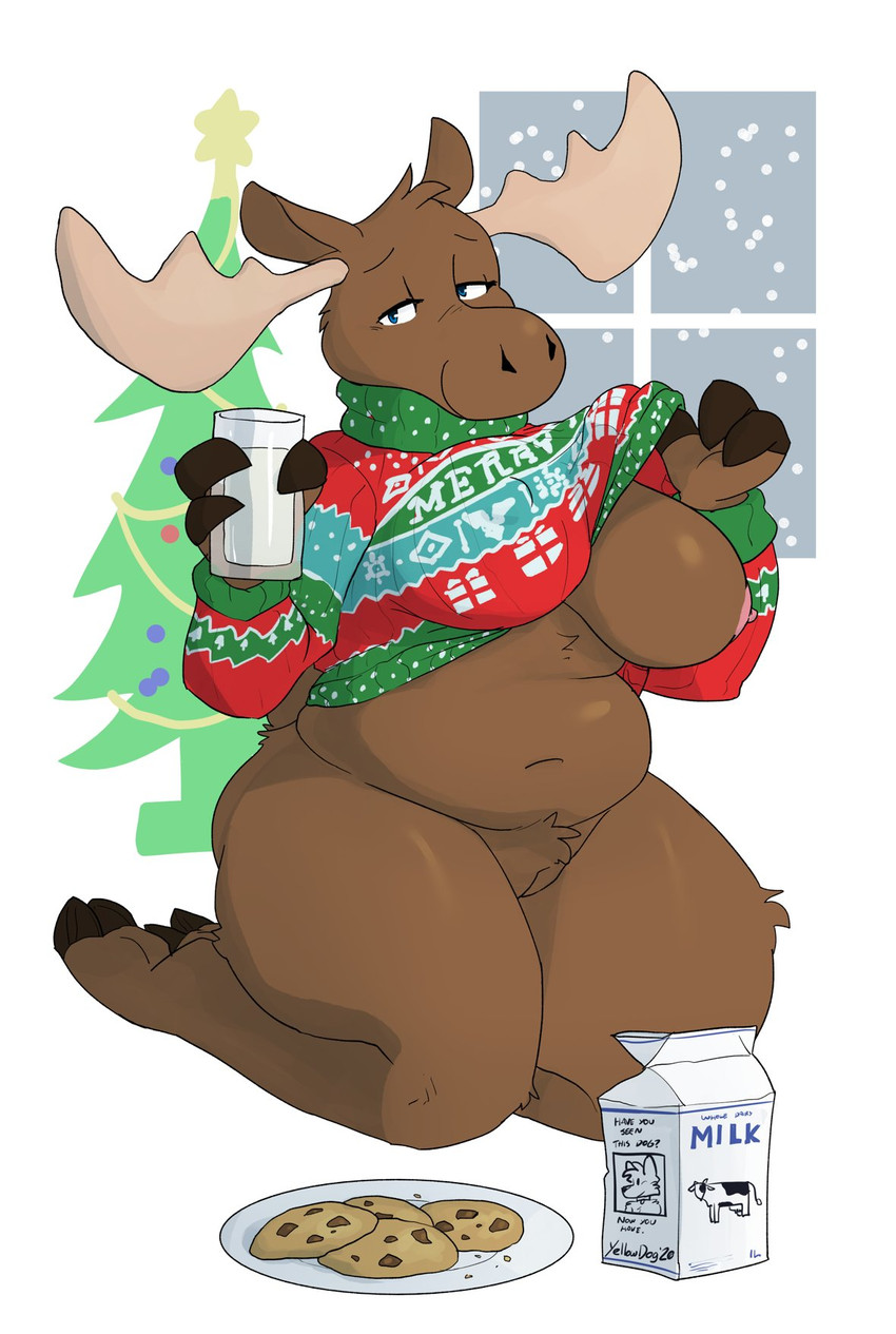 anthro antlers areola bedroom_eyes beverage beverage_carton blue_eyes bottomless breasts brown_body brown_fur carton christmas_clothing christmas_sweater christmas_topwear christmas_tree clothed clothing container cookie cup dairy_products drinking_glass female fingers food fur genitals glass glass_container glass_cup glass_of_milk holding_beverage holding_container holding_cup holding_glass holding_object holidays hooved_fingers hooves horn inviting kneeling looking_at_another looking_at_partner looking_at_viewer milk milk_carton milk_container narrowed_eyes nipple_outline nipples one_breast_out plant plate plump_labia pussy seductive slightly_chubby smile snow snowing snowing_outside solo sweater text text_on_clothing text_on_sweater text_on_topwear thick_thighs topwear tree undressing window artbyyellowdog christmas gerry_(mcdoogiy) deer mammal moose new_world_deer 2020 digital_media_(artwork) english_text hi_res shaded