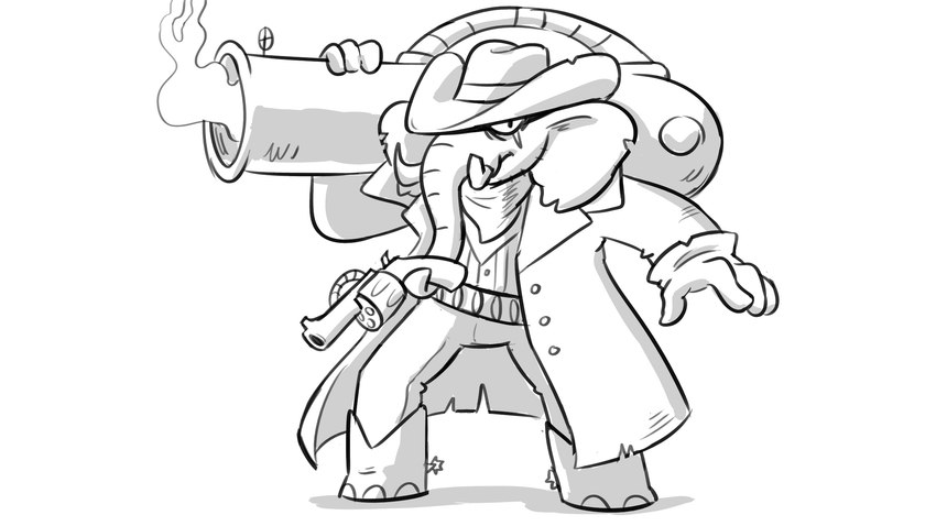 anthro boots clothed clothing cowboy_hat footwear fully_clothed gloves gun handwear hat headgear headwear male ranged_weapon scar shoes solo spurs weapon drawfee nathan_yaffe drawfee_(copyright) elephant elephantid mammal proboscidean 16:9 absurd_res hi_res monochrome sketch widescreen