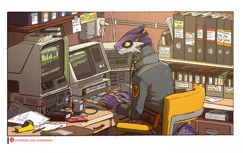 1970s_theme anthro audio_cassette cassette_player cassette_tape chair clothing computer electronics furniture headphones keyboard looking_at_computer looking_at_object male paper pencil_(object) purple_body purple_scales ring_binder scales shelf sitting solo table text typing working darbaras malo_(darbaras) lizard reptile scalie 2021 colored digital_media_(artwork) url