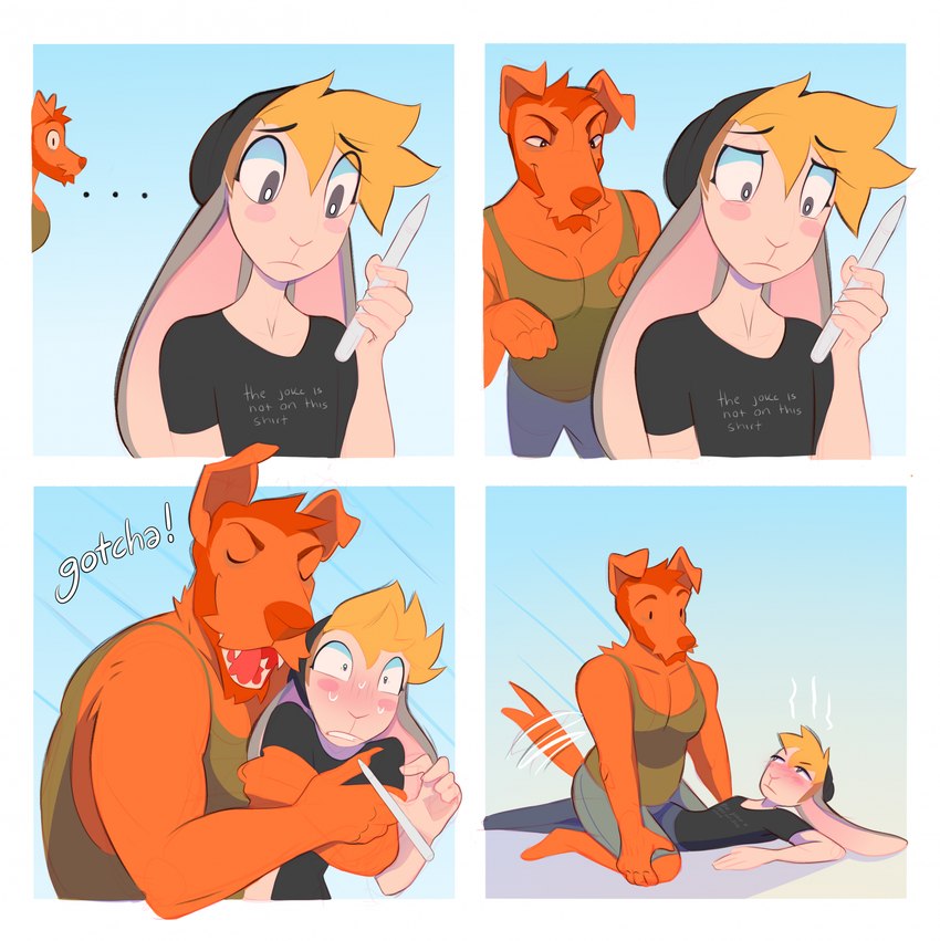 4_panel_comic anthro blonde_hair blue_background blush blush_stickers bodily_fluids bottomwear clothing denim denim_bottomwear denim_clothing dot_eyes duo fangs floppy_ears fur grey_body grey_fur hair half-closed_eyes humor jeans male male_anthro narrowed_eyes open_mouth open_smile orange_body orange_fur orange_hair pants shirt shorts simple_background smile smirk smug smug_face sneaking sound_effects stylus sweat sweatdrop t-shirt tan_body tan_fur tank_top teeth text topwear wide_eyed heresvix loss bunny_boyfriend dog_boyfriend canid canine canis domestic_dog lagomorph leporid mammal rabbit english_text hi_res meme