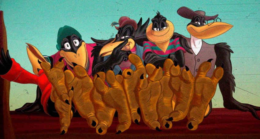 2_toes anthro claws dirty dirty_feet feet foot_fetish foot_focus group looking_at_viewer male male/male soles toe_claws toes wrinkled_feet wrinkles pinwin disney dumbo_(movie) deacon_(dumbo) dopey_(dumbo) fats_(dumbo) jim_crow_(dumbo) specks_(dumbo) avian bird corvid corvus_(genus) crow oscine passerine digital_media_(artwork) hi_res