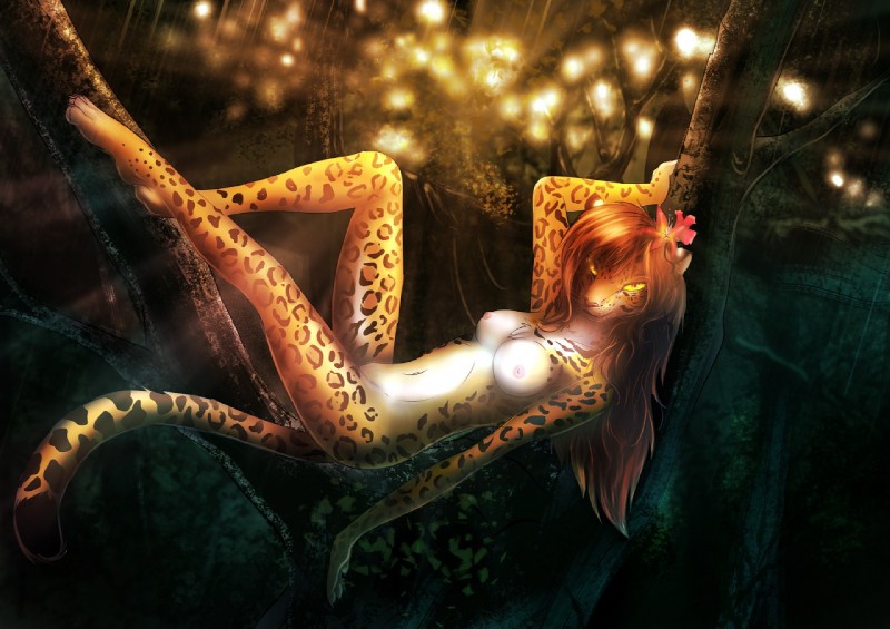 accessory anthro bedroom_eyes belly breasts brown_hair female flower flower_in_hair forest hair hair_accessory half-closed_eyes jungle looking_at_viewer narrowed_eyes navel nipples nude outside plant seductive solo tree white_belly yellow_eyes spaceweasel2306 felid jaguar mammal pantherine