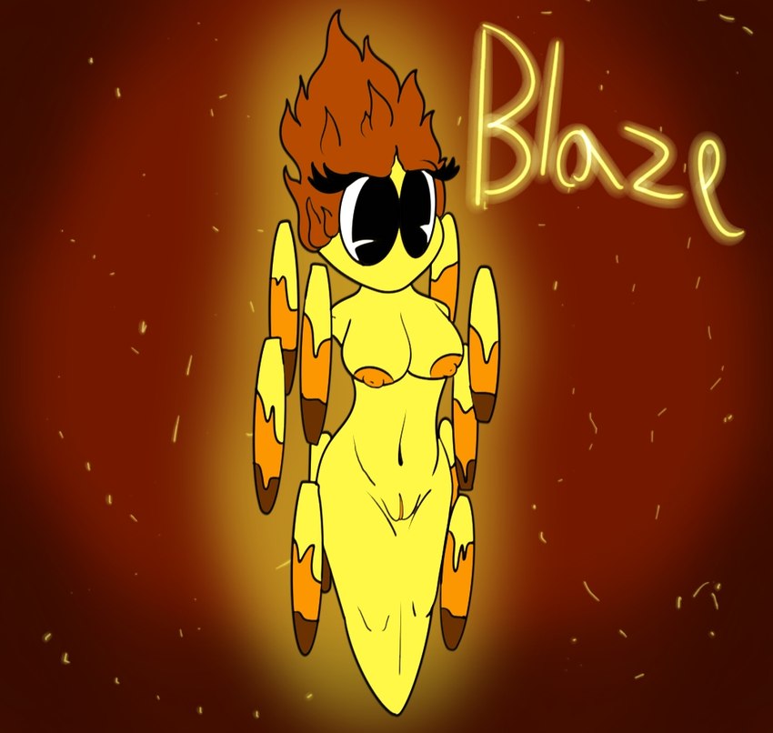 anthro armless breasts eyelashes female fire flaming_hair floating floating_object genitals glowing legless mouthless navel nipples pseudo_hair pussy simple_background skinny solo crazy_8_animations microsoft minecraft mojang xbox_game_studios blaze_(minecraft) humanoid