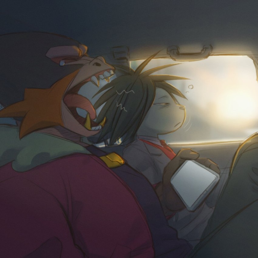 anthro car cellphone clothing duo electronics inside_car jacket male necktie open_mouth phone sitting smartphone suit tired topwear vehicle yawn butu_z odd_taxi dobu_(odd_taxi) yano_(odd_taxi) bleeding-heart_monkey haplorhine mammal monkey old_world_monkey porcupine primate rodent 1:1