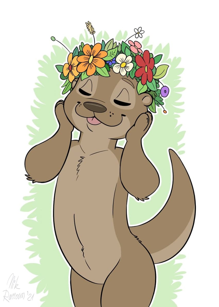 accessory ambiguous_gender anthro biped blep brown_body brown_fur brown_nose eyes_closed floral flower flower_crown flower_garland fur garland head_wreath nude plant simple_background solo standing tongue tongue_out nikraccoom mammal mustelid otter 2021 digital_media_(artwork) hi_res