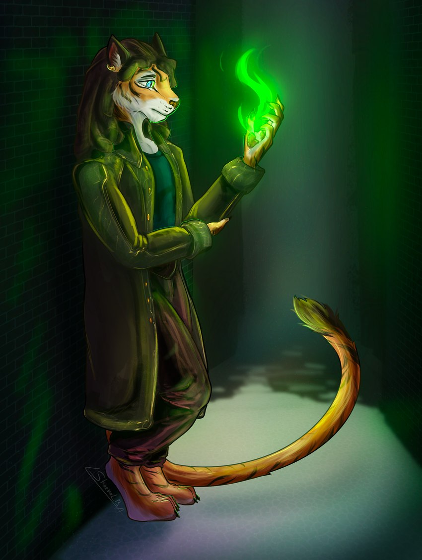 alley anthro blue_eyes bottomwear brown_bottomwear brown_clothing brown_hair brown_pants clothing coat colored_fire dreadlocks ear_piercing ear_ring fire fur gold_ear_ring green_clothing green_coat green_fire green_topwear hair magic_user male multicolored_body multicolored_fur orange_body orange_fur pants piercing ring_piercing solo topwear trenchcoat two_tone_body two_tone_fur white_body white_fur lsheena deng_chao_(ewan_j) felid mammal pantherine tiger absurd_res hi_res