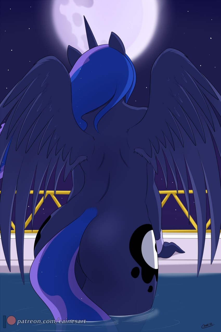 anthro blue_body blue_hair butt feathered_wings feathers female full_moon hair horn moon night nude outside patreon_logo rear_view skinny_dipping solo swimming_pool tail text water wings cainesart friendship_is_magic hasbro my_little_pony mythology patreon princess_luna_(mlp) equid equine mammal mythological_creature mythological_equine winged_unicorn 2:3 artist_name digital_media_(artwork) hi_res url