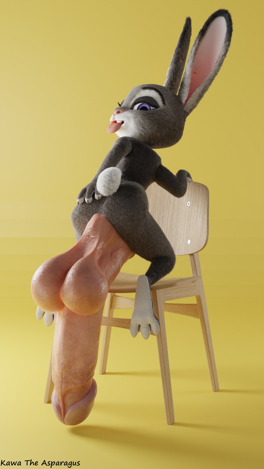 anthro balls big_balls big_ears big_feet big_penis buckteeth butt chair claws feet fur furniture genitals grabbing_chair grey_arms grey_back grey_body grey_fur grey_legs gynomorph hand_on_butt huge_penis hyper intersex kneeling kneeling_on_chair long_ears long_penis looking_at_viewer looking_back multicolored_body multicolored_fur on_chair penis pink_nose pink_tongue purple_eyes simple_background small_but_hung solo teeth tongue tongue_out two_tone_body two_tone_fur white_body white_fur wood wood_chair wood_furniture yellow_background kawa_the_asparagus disney zootopia judy_hopps lagomorph leporid mammal rabbit 3d_(artwork) 4k 9:16 absurd_res artist_name digital_media_(artwork) hi_res huge_filesize