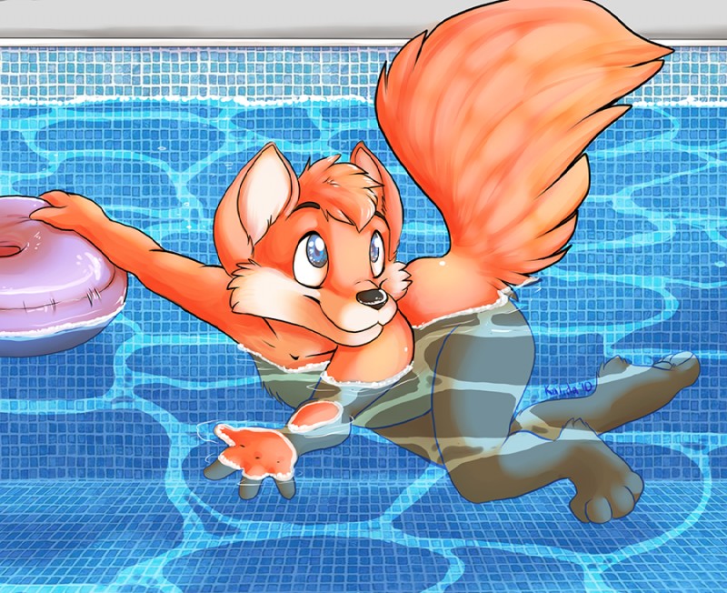 anthro arm_in_water arm_out_of_water bent_arm bent_legs blue_eyes extended_arm fluffy fluffy_tail fully_submerged_legs fur half_submerged hand_out_of_water inflatable male nude partially_submerged pool_toy raised_tail smile solo submerged_arm submerged_hand submerged_legs swimming swimming_pool tail tile water young young_anthro young_male pupspace canid canine fox mammal 2010