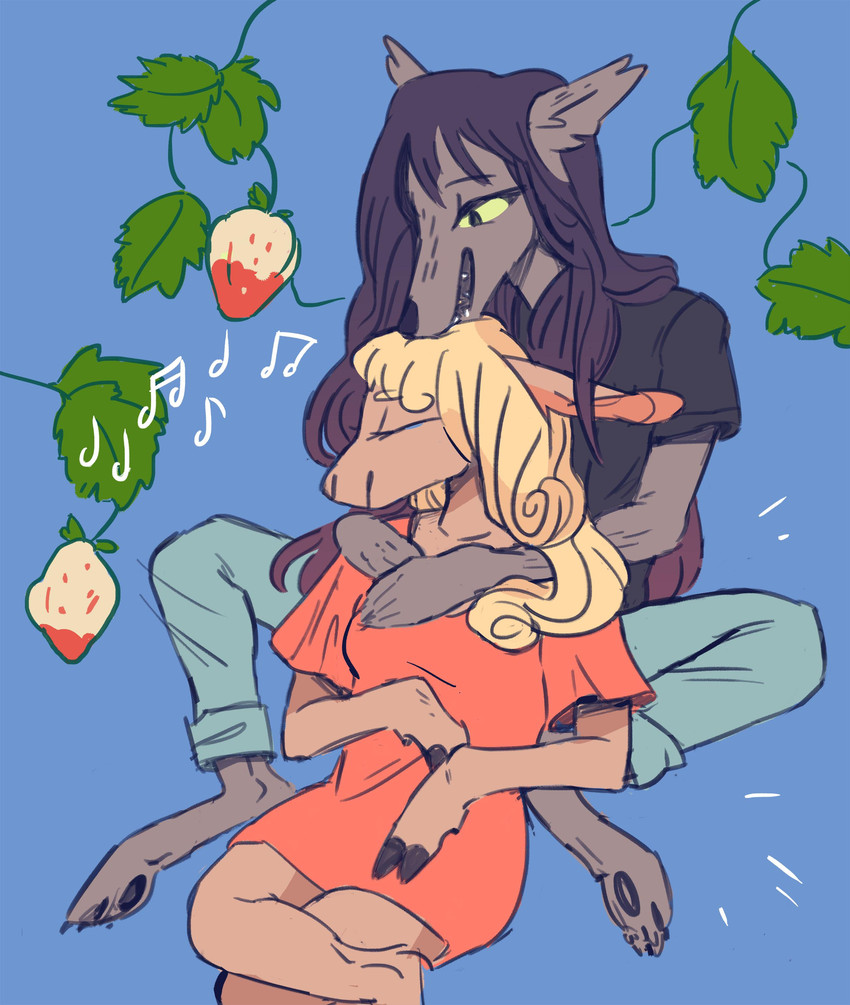 anthro blonde_hair blue_background bottomwear clothing denim denim_bottomwear denim_clothing duo female female/female food fruit hair jeans pants plant romantic romantic_couple simple_background strawberry uzon basha_(uzon) jessie_(uzon) canid canine canis deer mammal wolf absurd_res hi_res