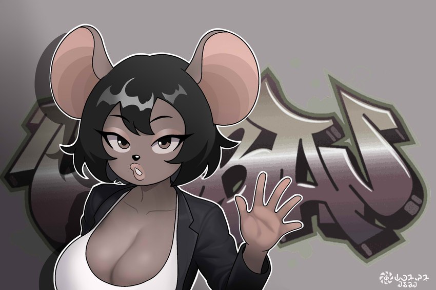 anthro big_breasts black_hair breasts brown_body brown_eyes cleavage clothed clothing female gesture graffiti hair lipstick looking_at_viewer makeup solo waving waving_at_viewer waving_hand pamaht9 brandy_(pamaht9) mammal murid murine rat rodent 3:2 hi_res signature spanish_description