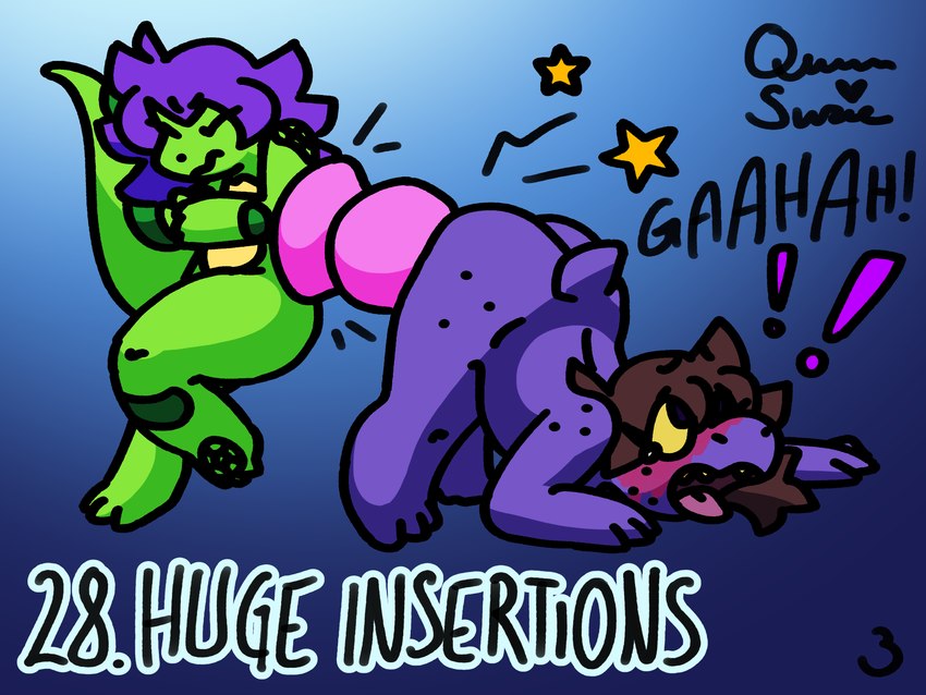 ahegao anal anal_penetration anthro ass_up big_breasts blush bodily_fluids breasts brown_hair dildo duo featureless_chest female female/female flat_chested freckled_face freckled_hips freckles green_body green_spots hair huge_dildo huge_penetration long_hair long_tail looking_pleasured messy_hair moan nude object_in_ass penetration purple_body purple_hair pushing pushing_in sex_toy sex_toy_in_ass sex_toy_insertion sharp_teeth slightly_chubby spots tail tears teeth text thick_thighs tongue tongue_out yellow_eyes yellow_sclera yellow_teeth yellow_underbelly queen_susie deltarune kinktober kinktober_2024 undertale_(series) susie_(deltarune) trixie_(queen_susie) dinosaur lizard prehistoric_species reptile scalie 4:3 absurd_res hi_res signature