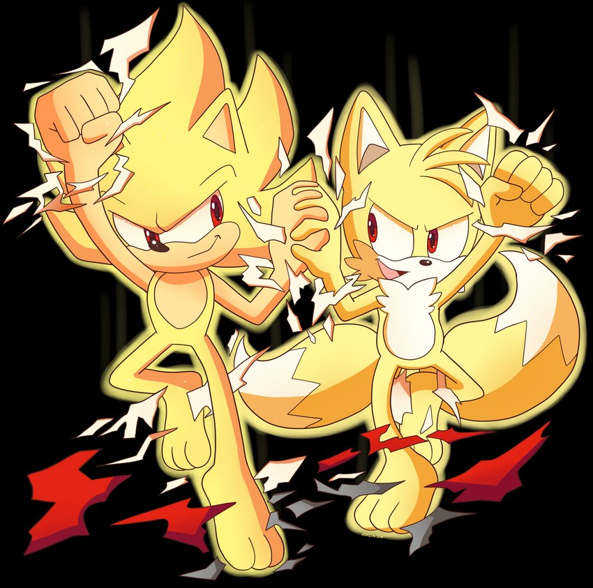 bare_hands barefoot clothing duo feet flying hand_holding male smile super_form torn_clothing domestic_maid sega sonic_the_hedgehog_(series) miles_prower sonic_the_hedgehog super_sonic super_tails canid canine eulipotyphlan fox hedgehog mammal alpha_channel hi_res