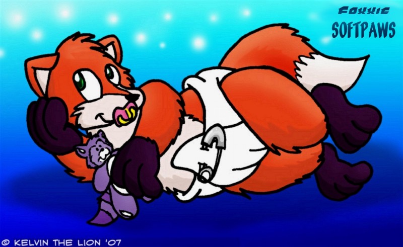 ageplay anthro clean_diaper cloth_diaper clothed clothing diaper infantilism male object_in_mouth pacifier pacifier_in_mouth plushie roleplay simple_background solo wearing_diaper kelvinthelion miles_softpaws canid canine fox mammal hi_res