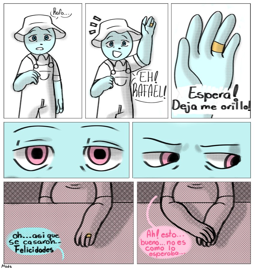 5_fingers biped blue_body clothing dialogue duo fingers hat headgear headwear humanoid_hands overalls pink_eyes shirt text topwear coolest_mads unicorn_wars azulin's_father rafa_(unicorn_wars) bear mammal 2023 absurd_res comic hi_res spanish_text translated