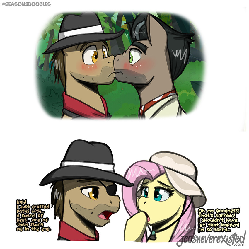 amber_eyes blue_eyes blush clothing dialogue duo eye_patch eyewear face_to_face fedora feral five_o'clock_shadow green_eyes hat headgear headwear male text touching_face conditional_dnp jcosneverexisted friendship_is_magic hasbro my_little_pony biff_(mlp) caballeron_(mlp) fluttershy_(mlp) equid equine horse mammal pony 1:1 english_text