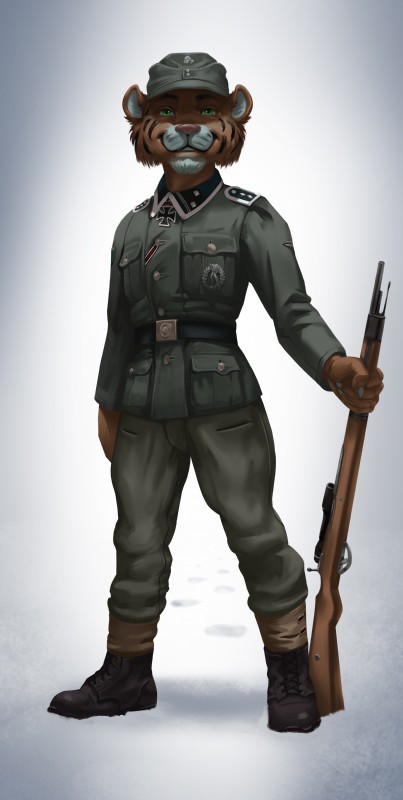 anthro army black_body black_fur bolt-action bolt-action_rifle bolt_action bolt_action_rifle bottomwear button_(fastener) cheek_tuft clothed clothing cloud coat cross facial_tuft fluffy fluffy_tail footprint forest fur german green_eyes gun hunter hunting infantry iron_cross jacket kar98k long_tail male medal military nazi nazi_insignia orange_body orange_fur pants pawprint plant ranged_weapon recon ribbons rifle rifle_scope schutzstaffel scope sniper sniper_scope snow soldier solo striped_body striped_fur stripes sun sunny tail topwear totenkopf tree tuft uniform waffen-ss war warrior weapon winter wood world_war_2 thepimpartist sarge_the_tiger stock felid mammal pantherine tiger 2018 absurd_res hi_res