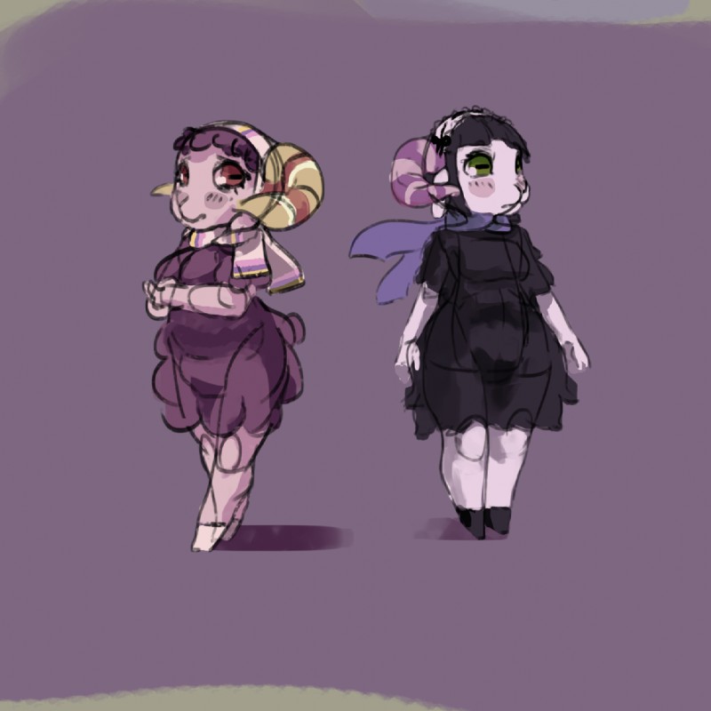 anthro black_body black_fur blush breasts duo female fur green_eyes horizontal_pupils looking_aside pupils purple_body purple_fur red_eyes scarf simple_background erijt animal_crossing nintendo muffy_(animal_crossing) stella_(animal_crossing) bovid caprine domestic_sheep mammal sheep 1:1 2015