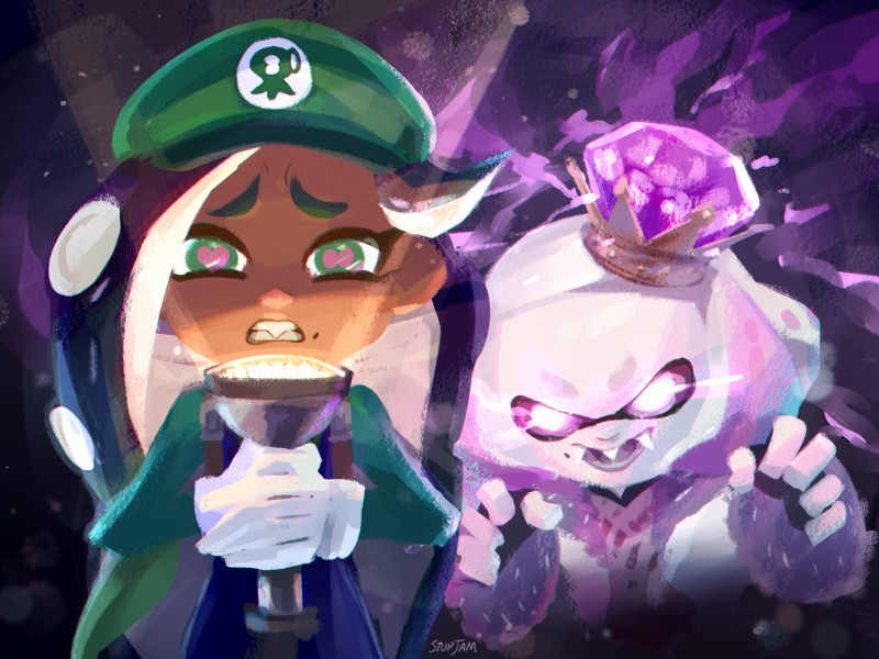 clothing cosplay crown dark_body dark_skin duo fangs female flashlight gloves glowing glowing_eyes handwear hat headgear headwear markings mole_(marking) open_mouth parody pseudo_hair teeth tentacle_hair tentacles stupjam luigi's_mansion mario_bros nintendo splatoon king_boo luigi marina_(splatoon) off_the_hook_(splatoon) pearl_(splatoon) animal_humanoid cephalopod cephalopod_humanoid humanoid inkling marine marine_humanoid mollusk mollusk_humanoid octarian octoling 2019 4:3 hi_res signature