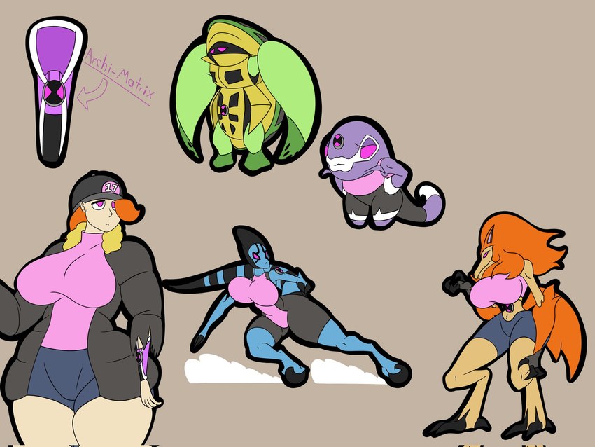 big_breasts blue_body bottomwear breasts brown_body clothing female green_body group hair jacket omnitrix orange_hair purple_body shorts topwear kuge ben_10 cartoon_network alien canid geochelone_aerios humanoid kineceleran loboan mammal 4:3 hi_res