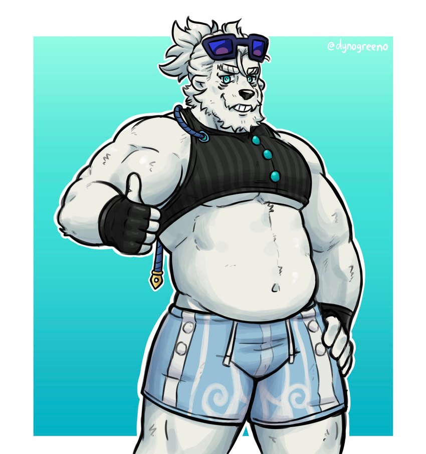 anthro belly blue_eyes clothing crop_top eyewear fur gloves handwear male muscular muscular_male navel shirt smile smiling_at_viewer solo sunglasses topwear white_body white_fur dynogreeno tonygamerpro197 bear mammal polar_bear ursine hi_res